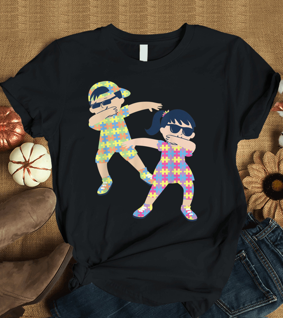 Dabbing Kids in Autism Puzzle Piece Outfits T-Shirt
