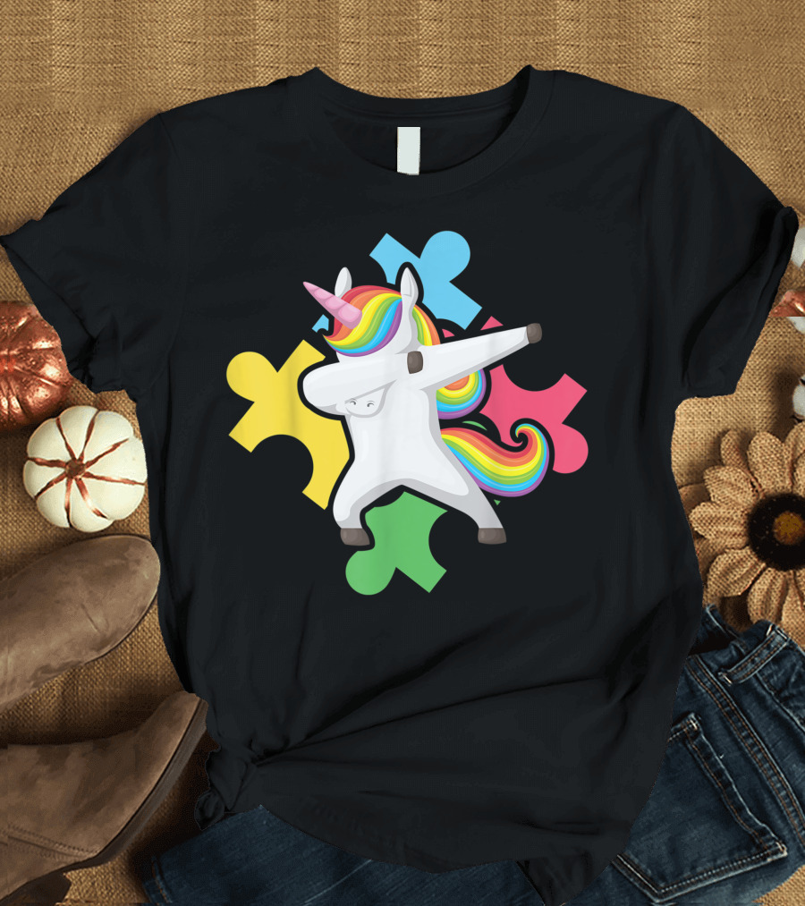 Dabbing Rainbow Unicorn Autism Awareness Puzzle Piece T-Shirt