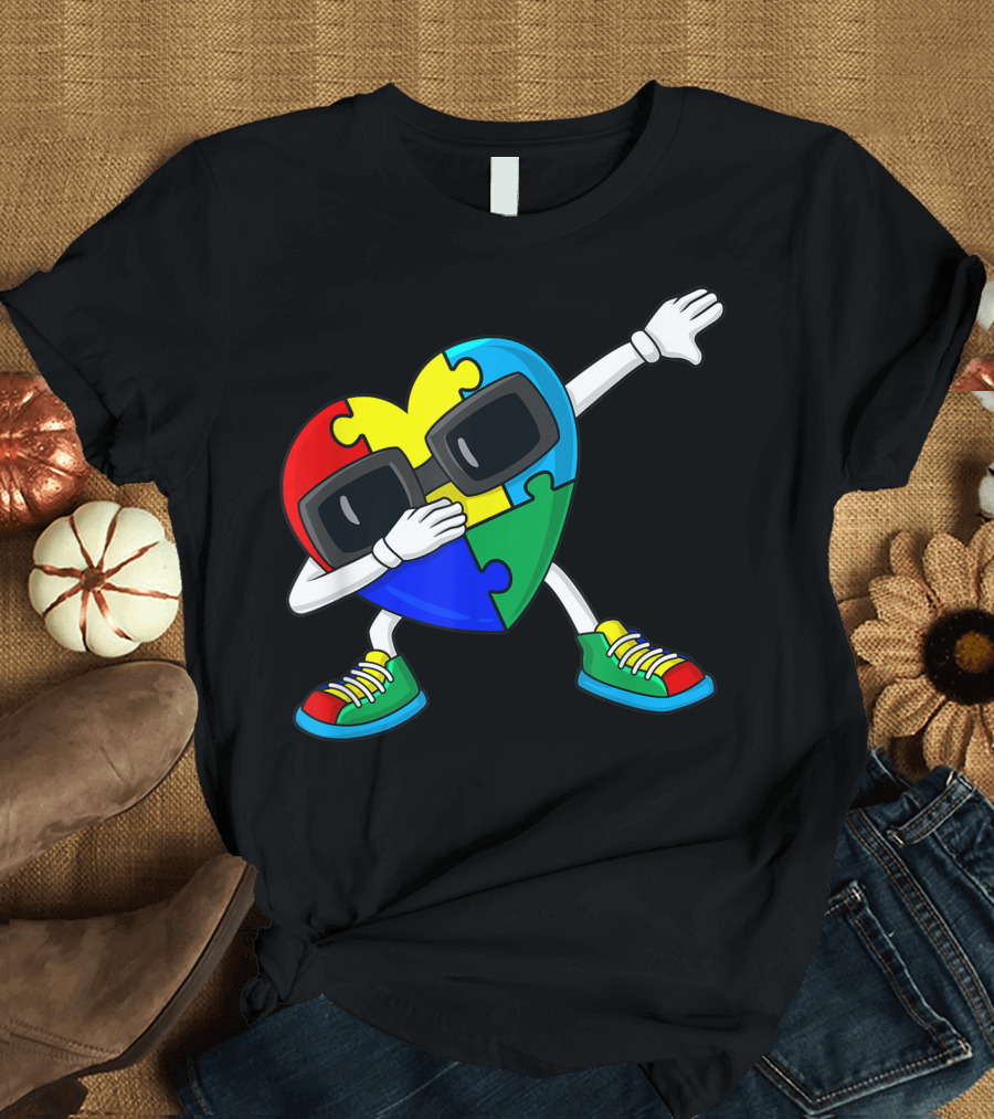 Dabbing Heart Wearing Sunglasses with Puzzle Pieces Autism Dab T-Shirt