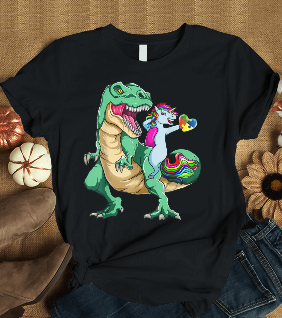 Dabbing Unicorn Riding Dinosaur Holding Autism Awareness Puzzle Heart T-Shirt