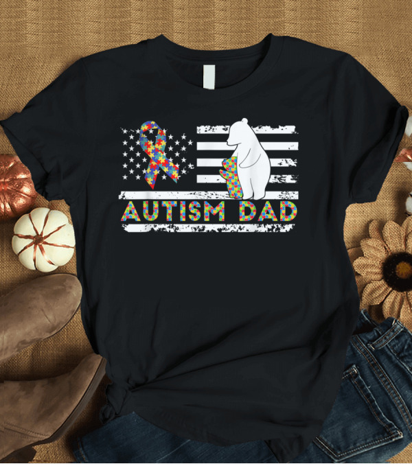 T-Shirt: Autism Dad Awareness American Flag Vintage Puzzle Ribbon Support T-Shirt Autism Dad Awareness American Flag Vintage Puzzle Ribbon Support T-Shirt
