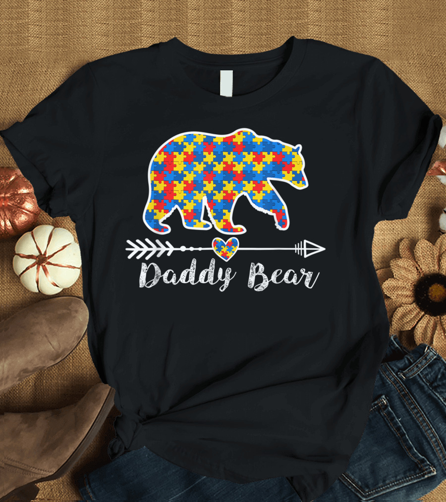Daddy Bear Heart Arrow Puzzle Piece Autism Awareness Bear T-Shirt