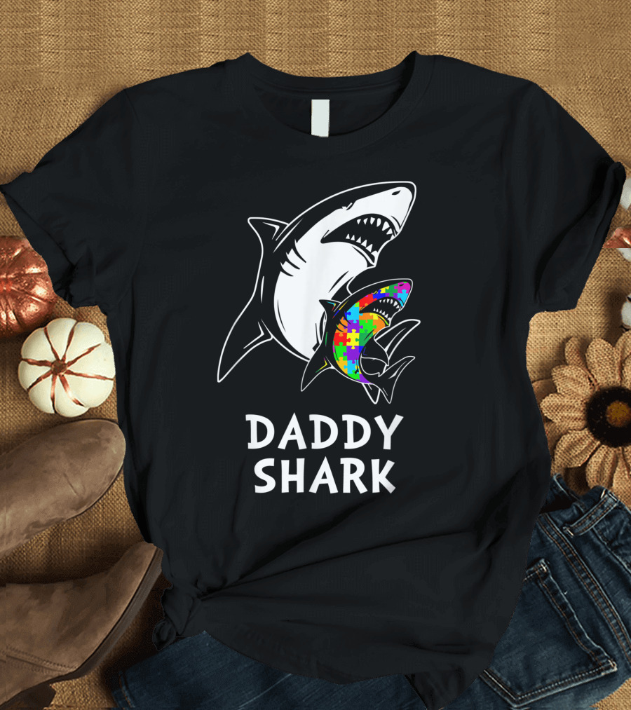 Daddy Shark Autism Awareness Colorful Puzzle Piece Shark T-Shirt