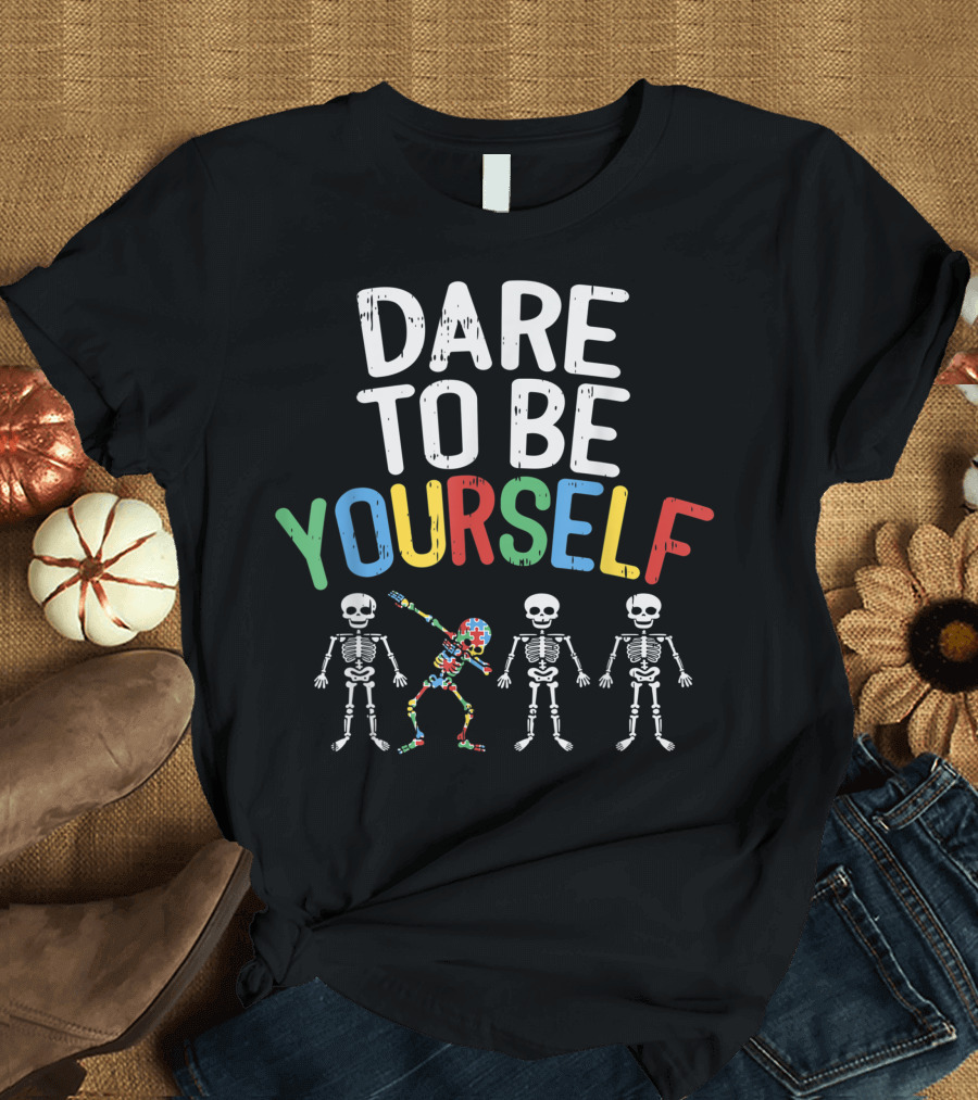 Dare To Be Yourself Autism Awareness Colorful Dabbing Skeleton Puzzle T-Shirt