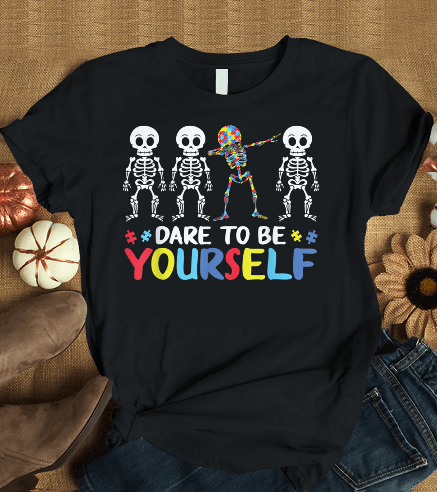 Dare To Be Yourself Dabbing Skeleton Autism Puzzle T-Shirt