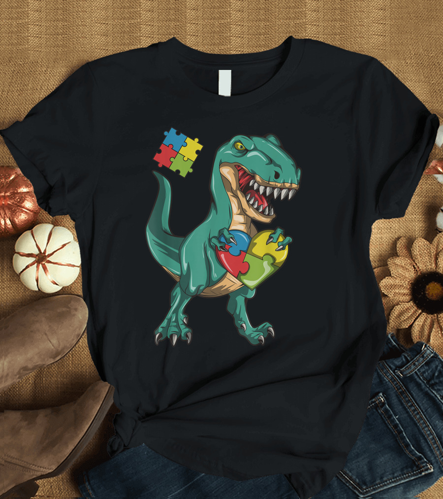 Dinosaur T-Rex Autism Awareness Puzzle Piece T-Shirt