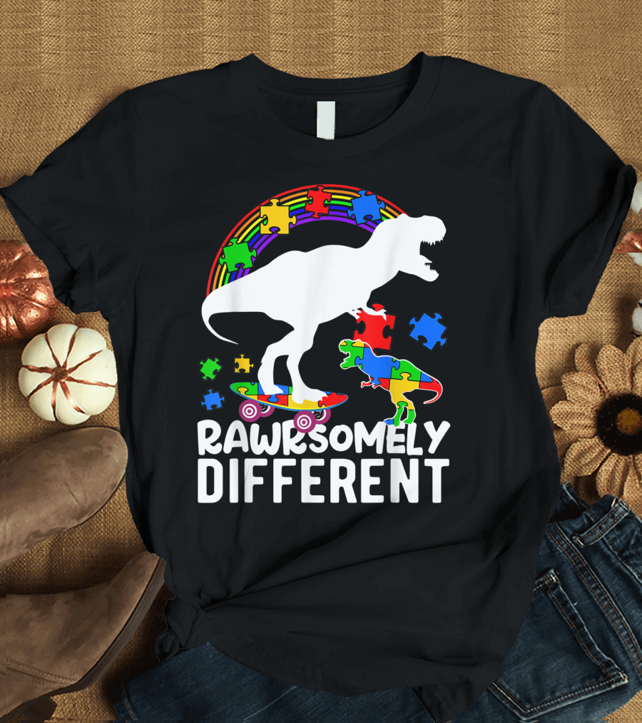 Rawrsomely Different Dinosaur Autism Awareness Puzzle Rainbow T-Shirt