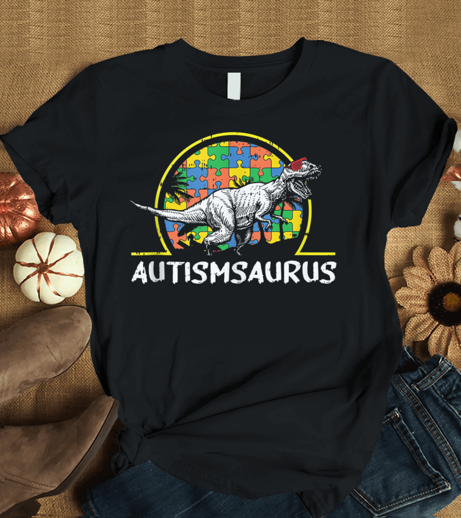 Dino Saur Autism Awareness Cute Rex Autismsaurus Puzzle Background T-Shirt
