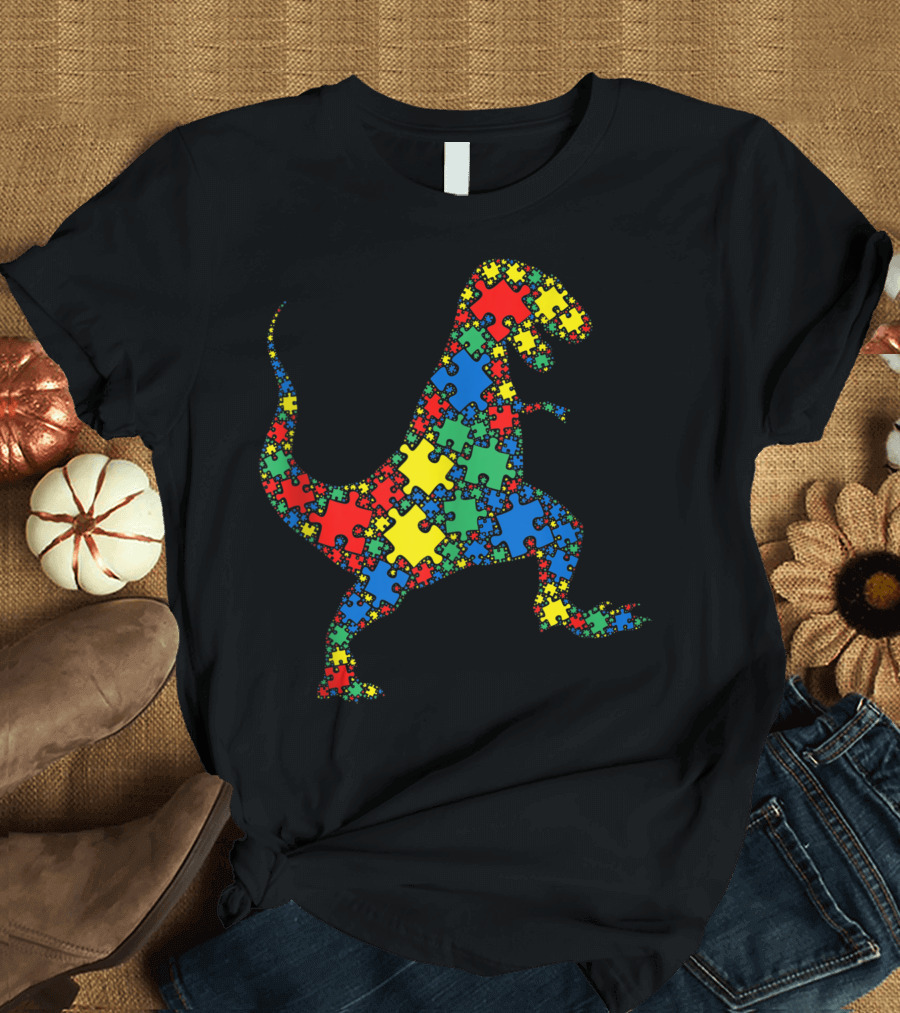 Dinosaur Autism Puzzle Kids Men Autism Awareness T-Shirt