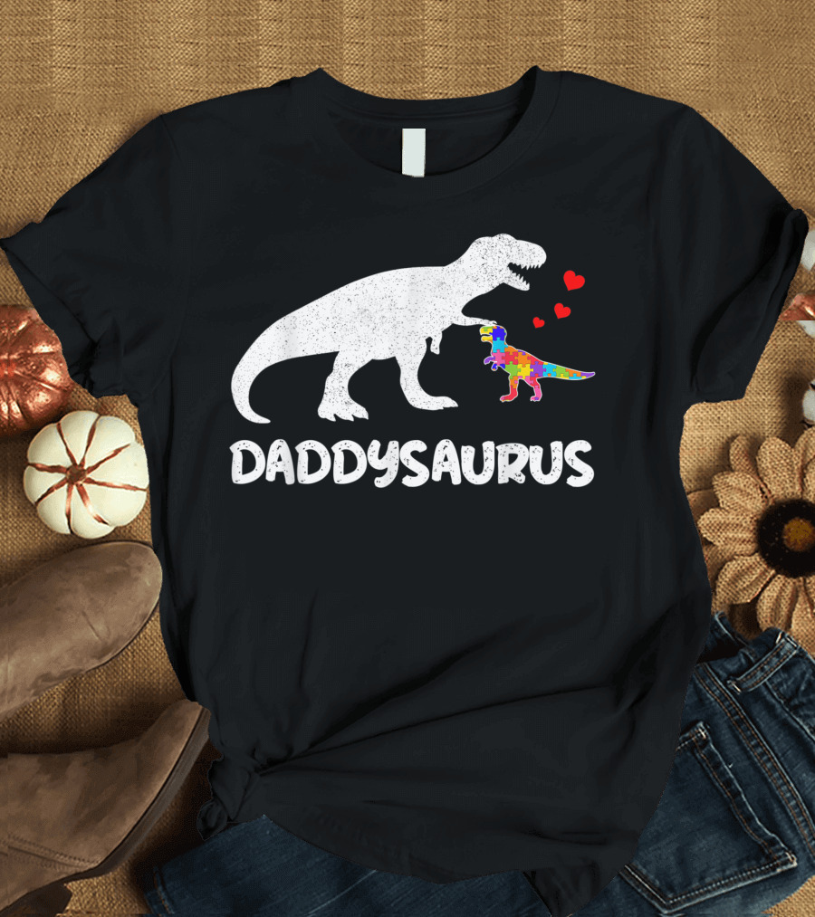 Daddysaurus Dinosaur Autism Awareness Hearts Puzzle Dinosaur T-Shirt