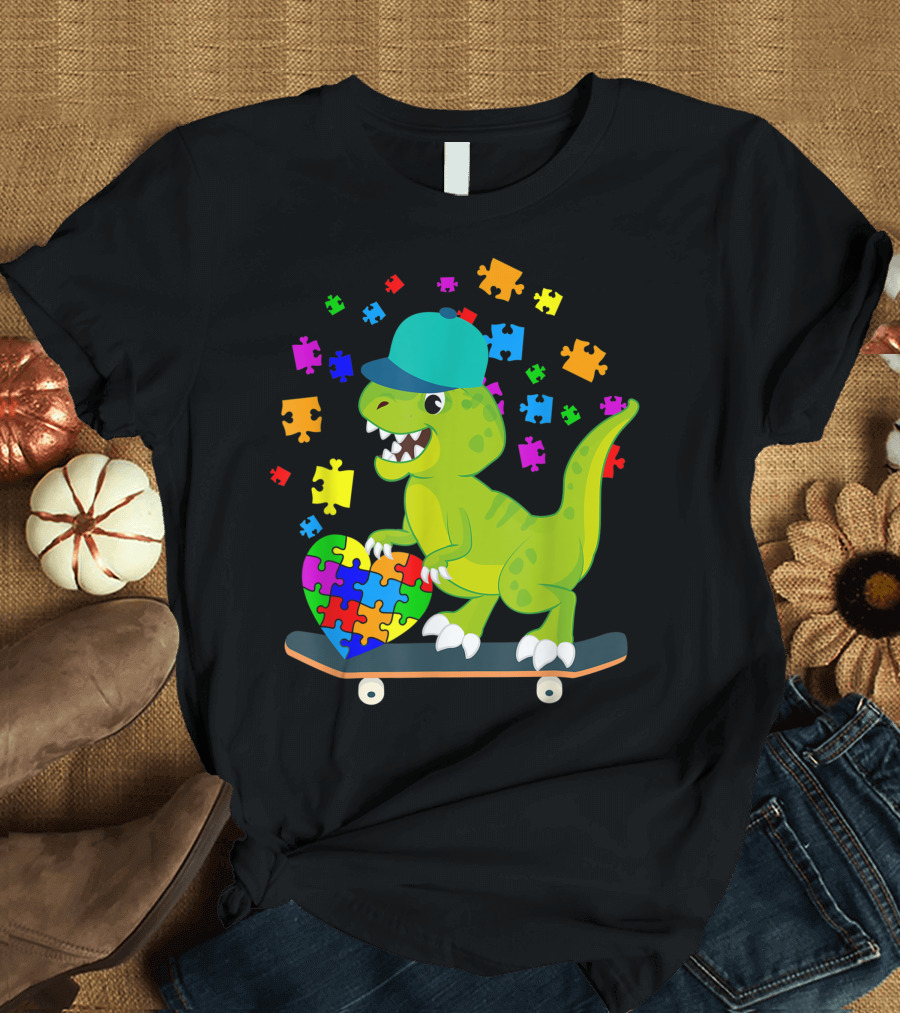 Dinosaur Puzzle Autism Awareness Rex Skateboard T-Shirt