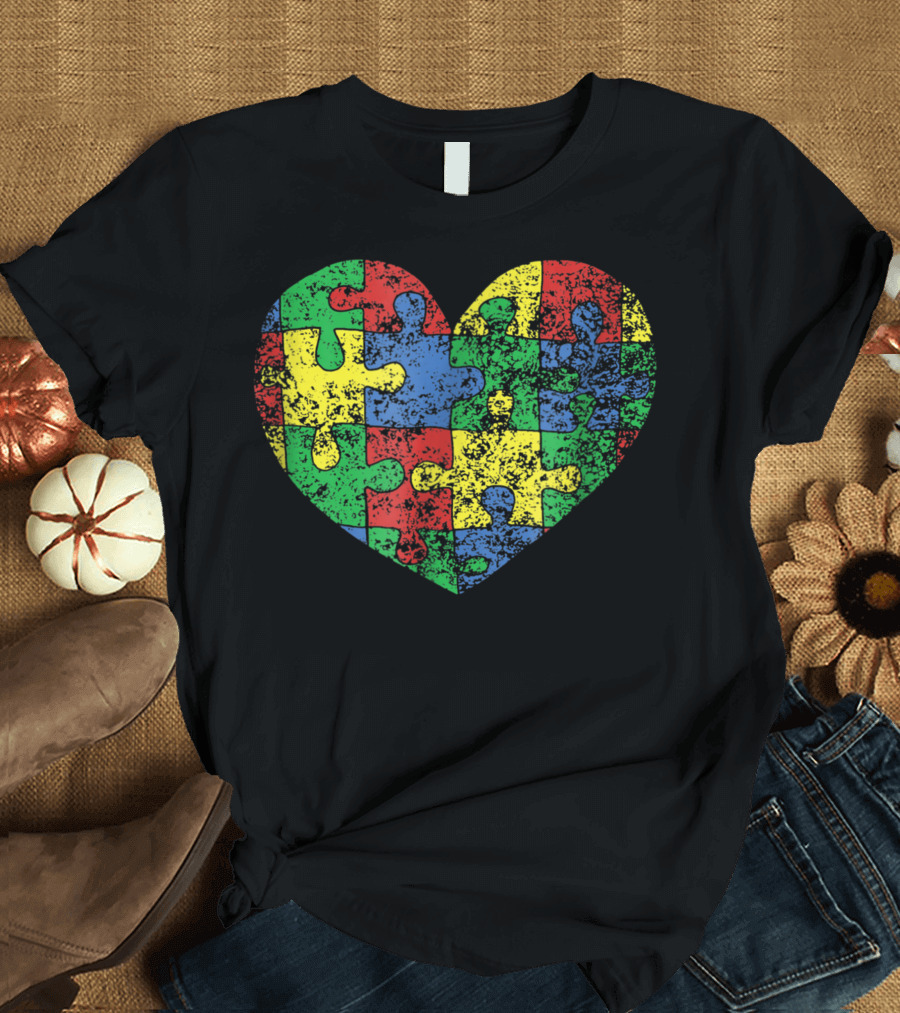 Distressed Autism Puzzle Heart Colorful Symbol for Autism Awareness T-Shirt