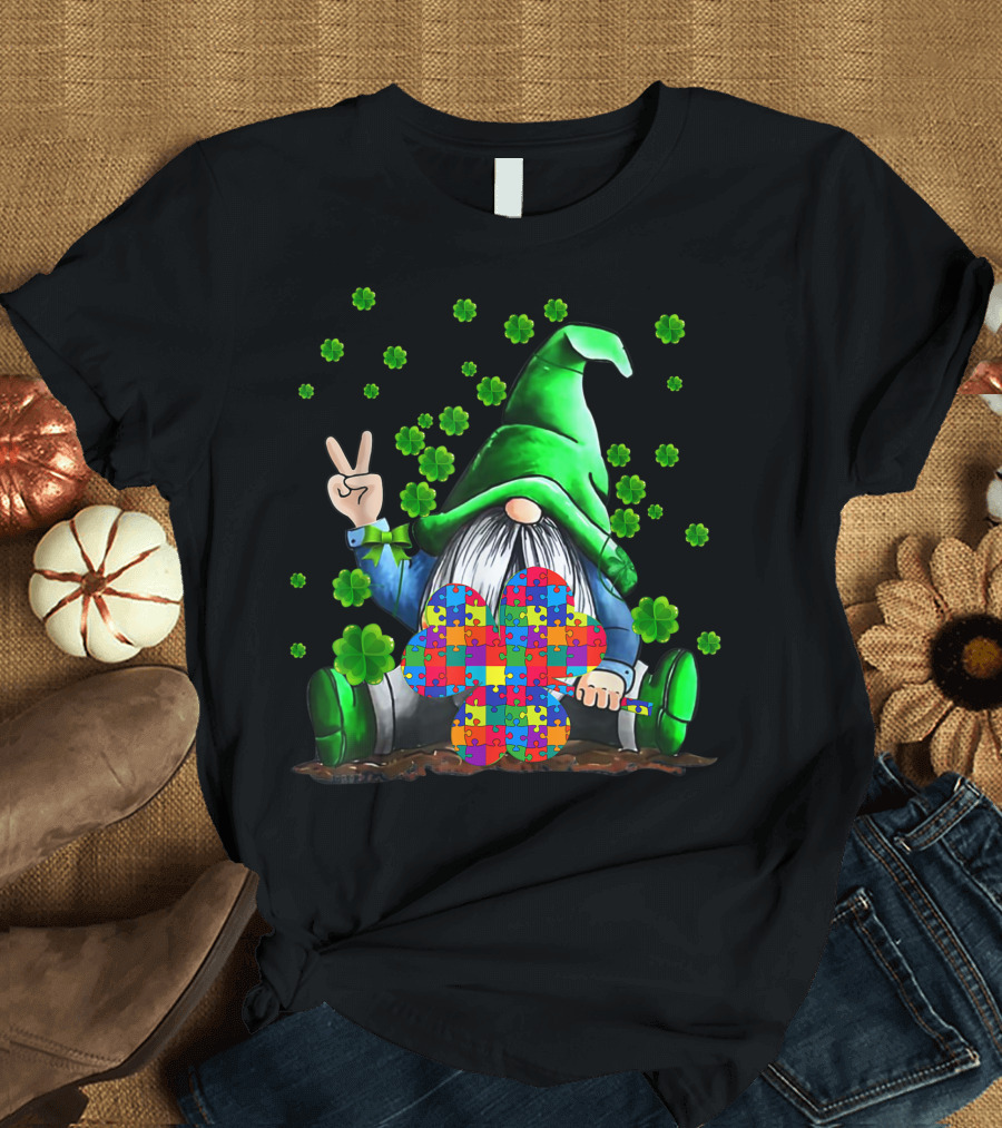 Autism Awareness Puzzle Piece Gnome with Shamrocks T-Shirt