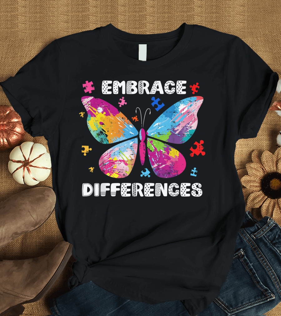 Embrace Differences Autism Awareness Butterfly Puzzle Piece Colorful Puzzle Elements T-Shirt