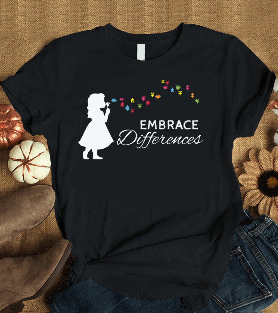 Embrace Differences Autism Awareness Girl Silhouette Puzzle Pieces T-Shirt