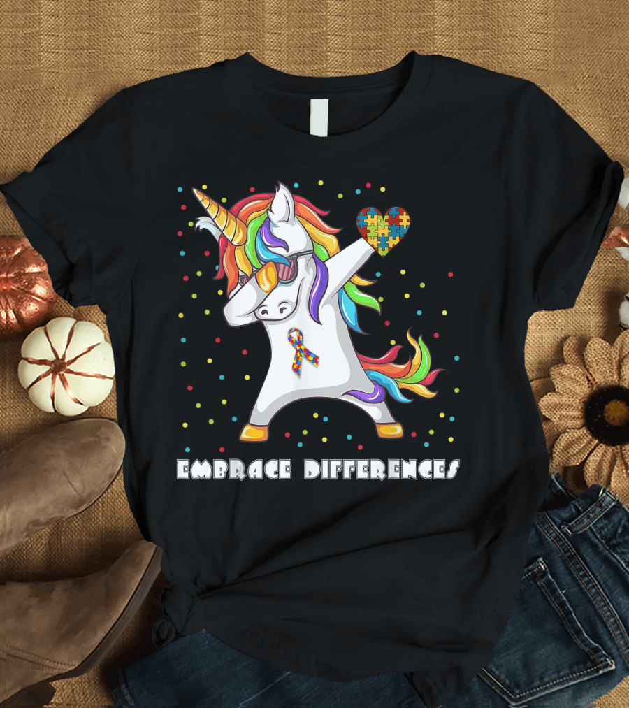 Embrace Differences Dabbing Unicorn Autism Awareness Puzzle Heart T-Shirt