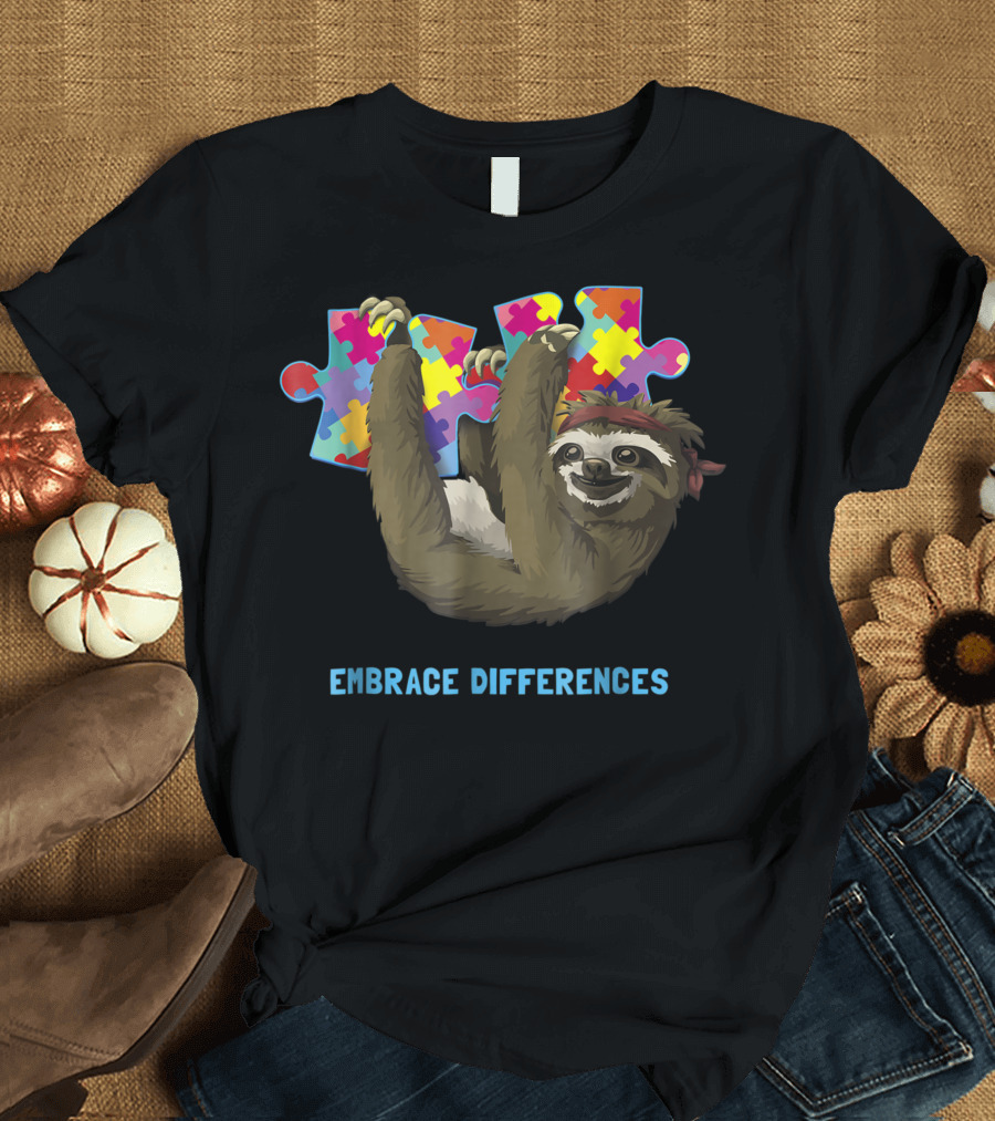 Embrace Differences Sloth with Puzzle Autism Awareness T-Shirt