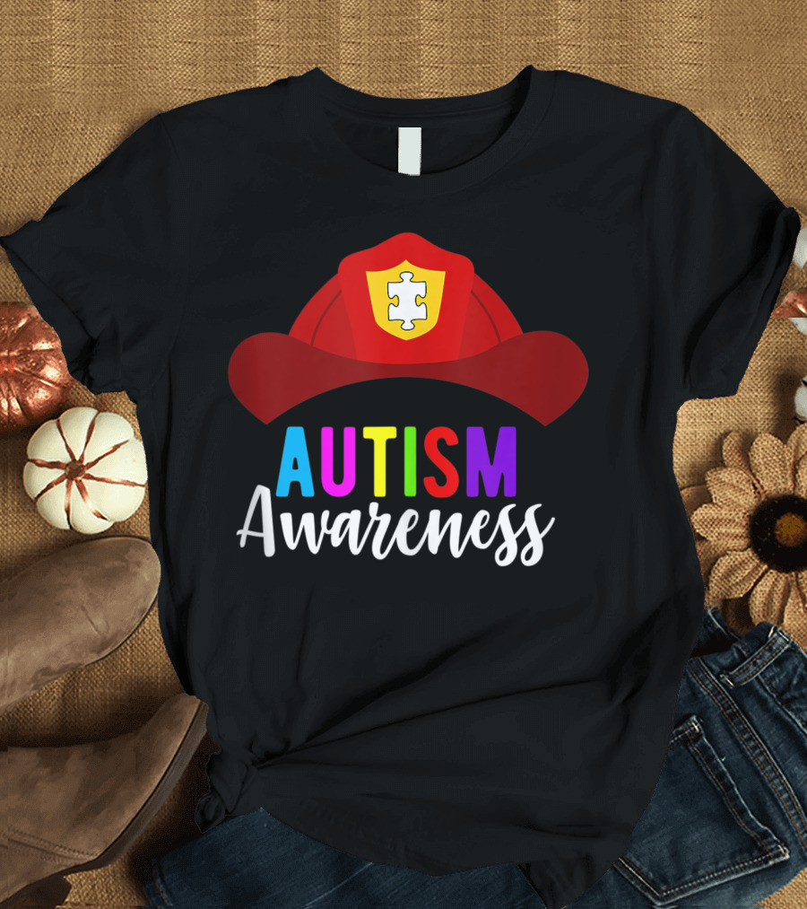 Firefighter Hat with Puzzle Emblem Autism Awareness T-Shirt