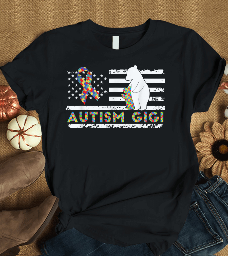 Autism Awareness Gigi American Flag Puzzle Bear Vintage Support T-Shirt