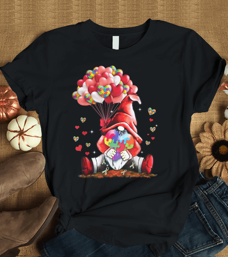 Gnome with Heart-Shaped Puzzle Balloons for Autism Awareness Valentine T-Shirt