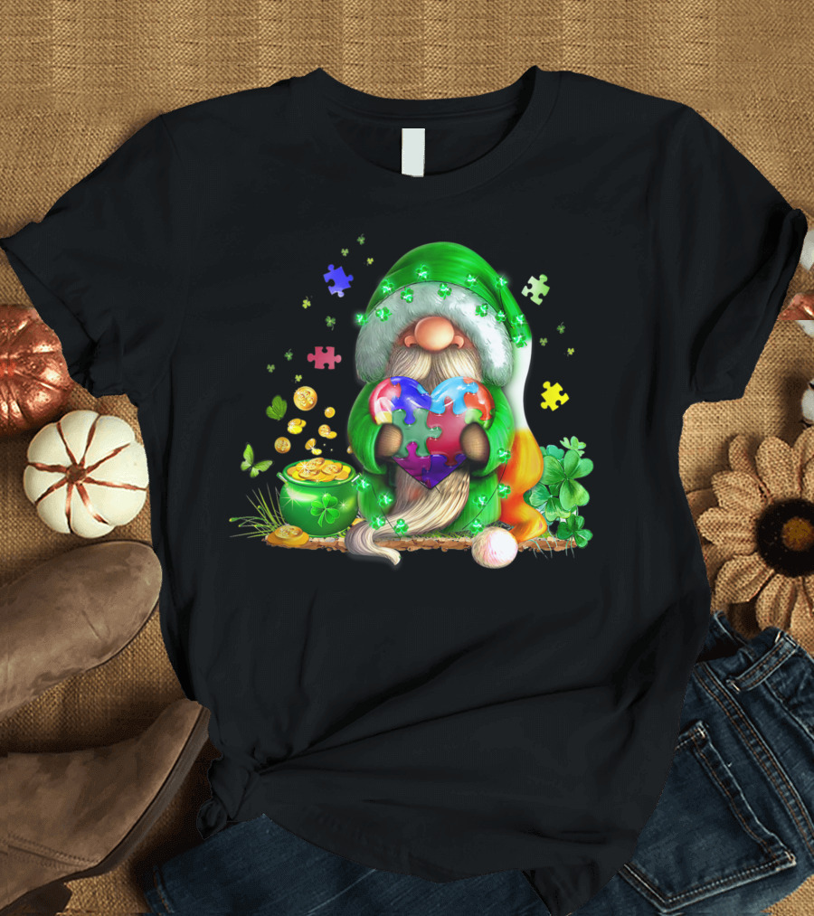 Gnomes Heart Puzzle Piece Coins Shamrocks Autism Awareness Kids T-Shirt