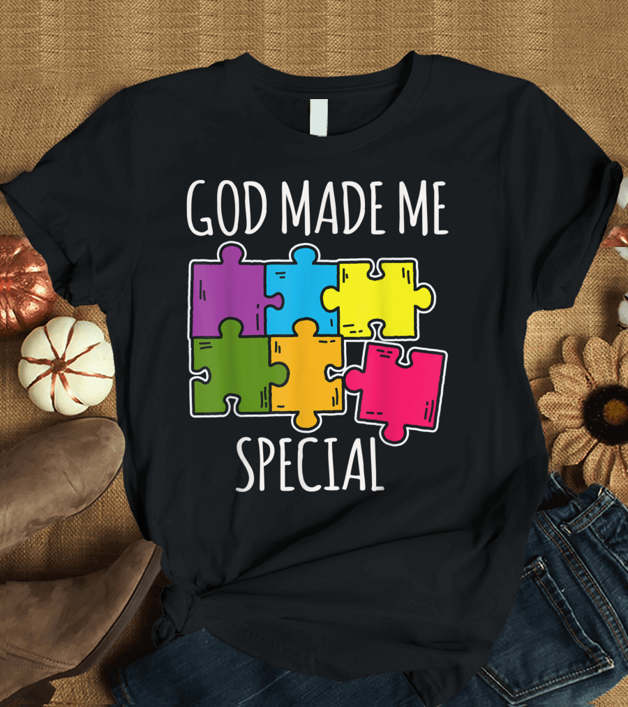 God Made Me Special Autism Awareness Colorful Puzzle Pieces T-Shirt