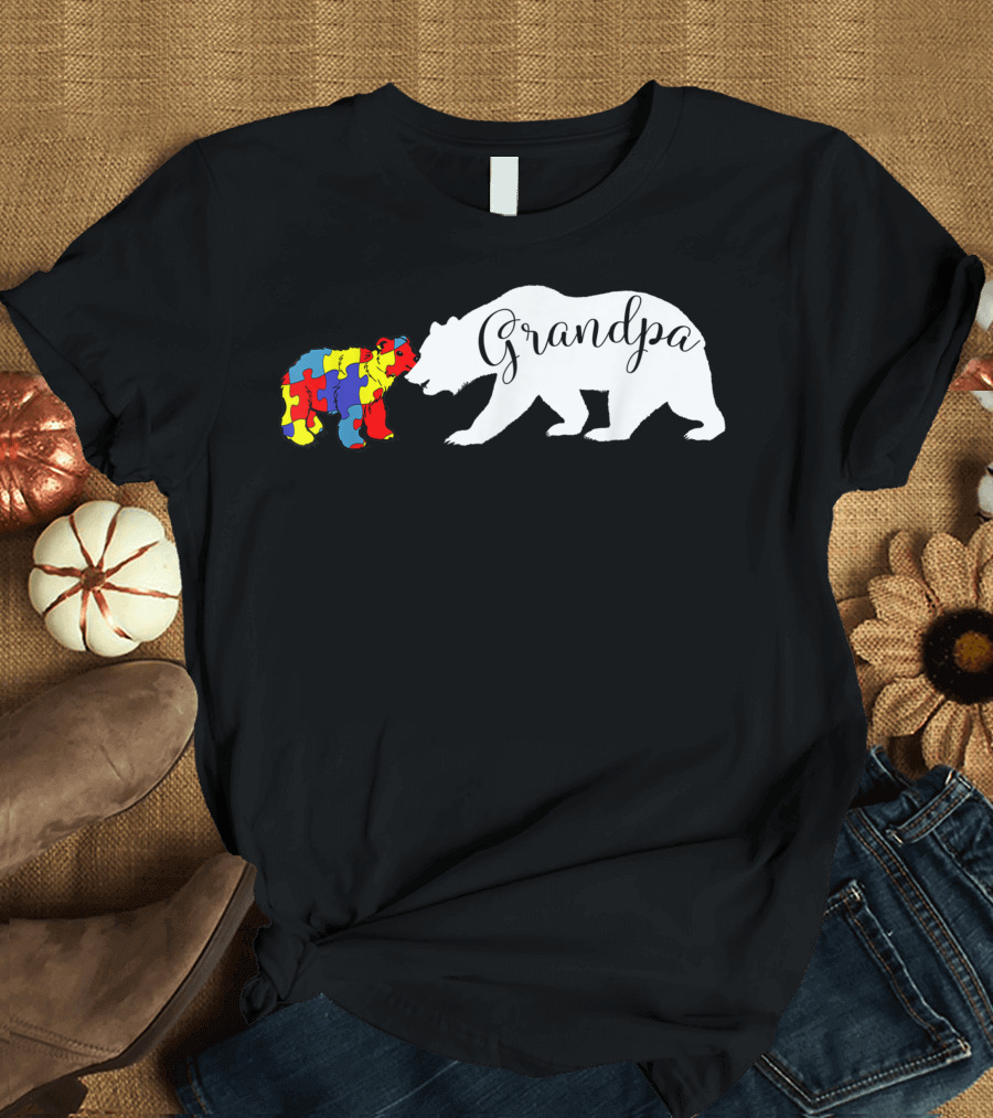 Grandpa Bear Autism Awareness Papa Dad Puzzle T-Shirt