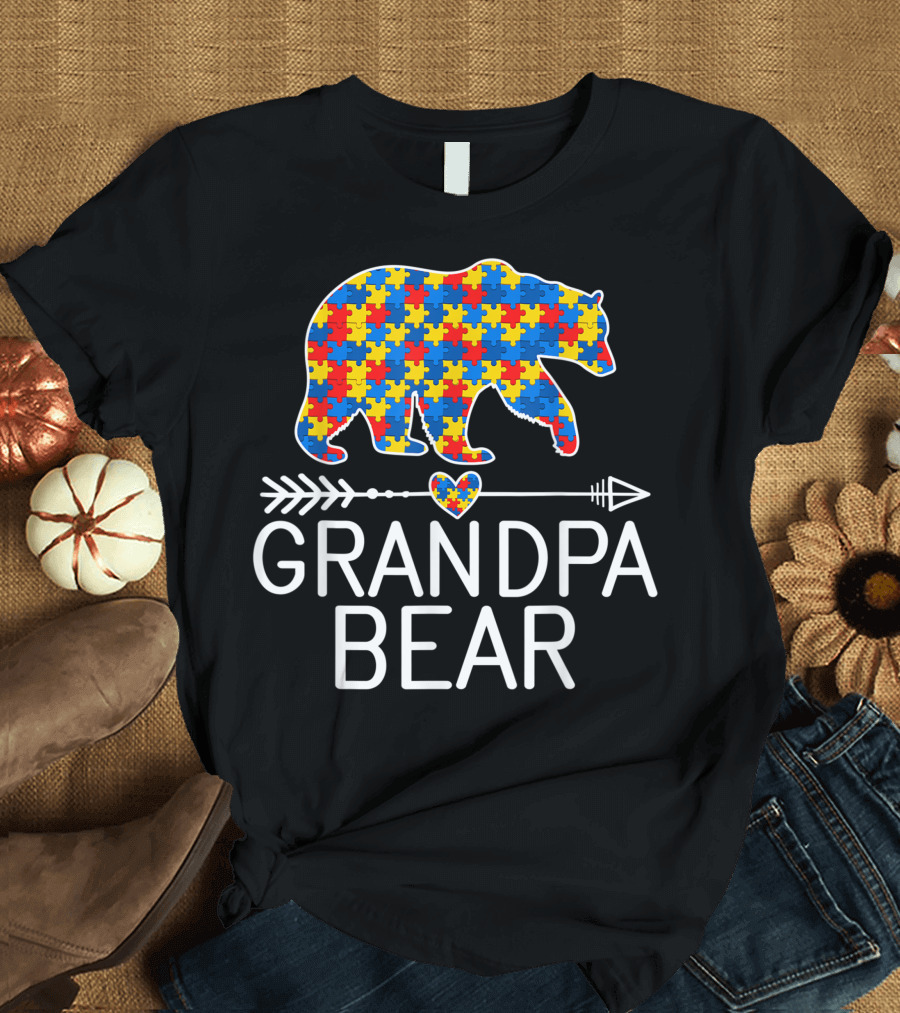 Grandpa Bear Autism Awareness Puzzle Piece Love and Support T-Shirt