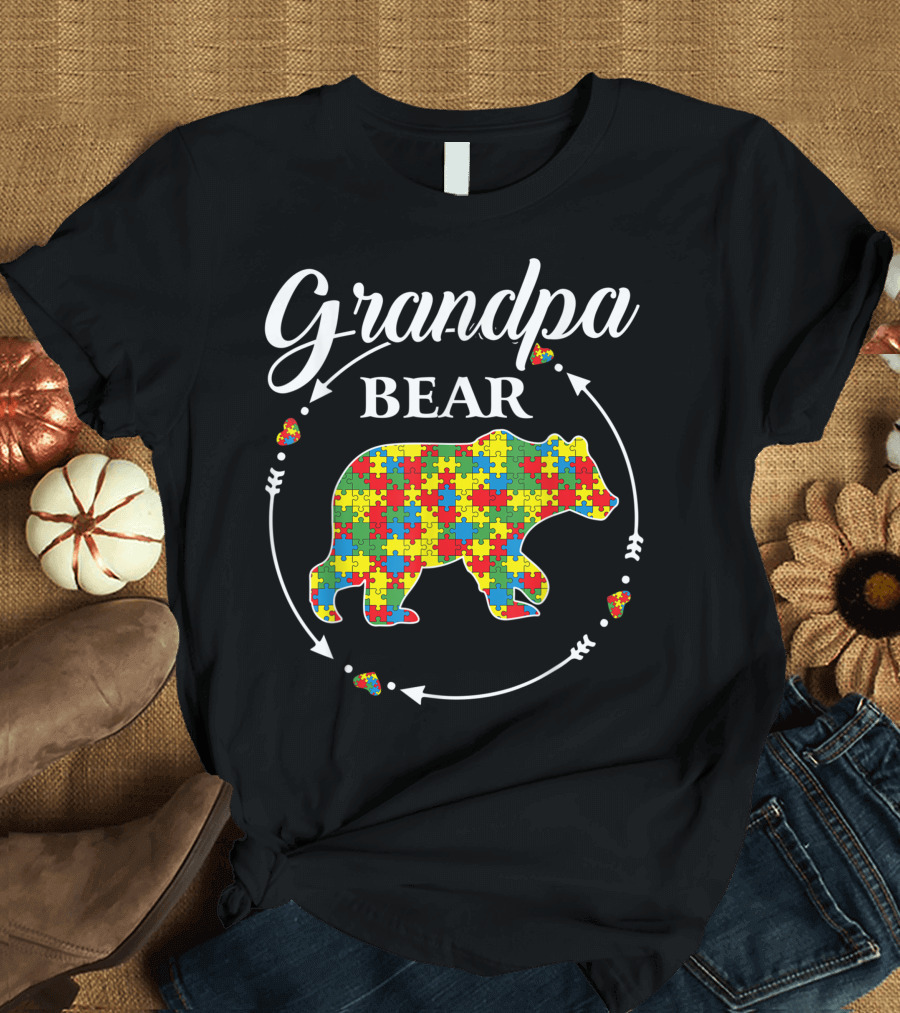 Grandpa Bear Autism Awareness Puzzle Support Autistic T-Shirt