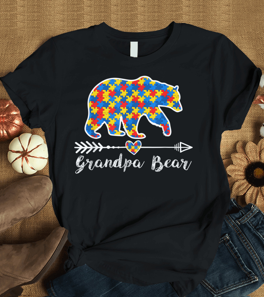 Grandpa Bear Puzzle Piece Autism Awareness Heart Arrow T-Shirt