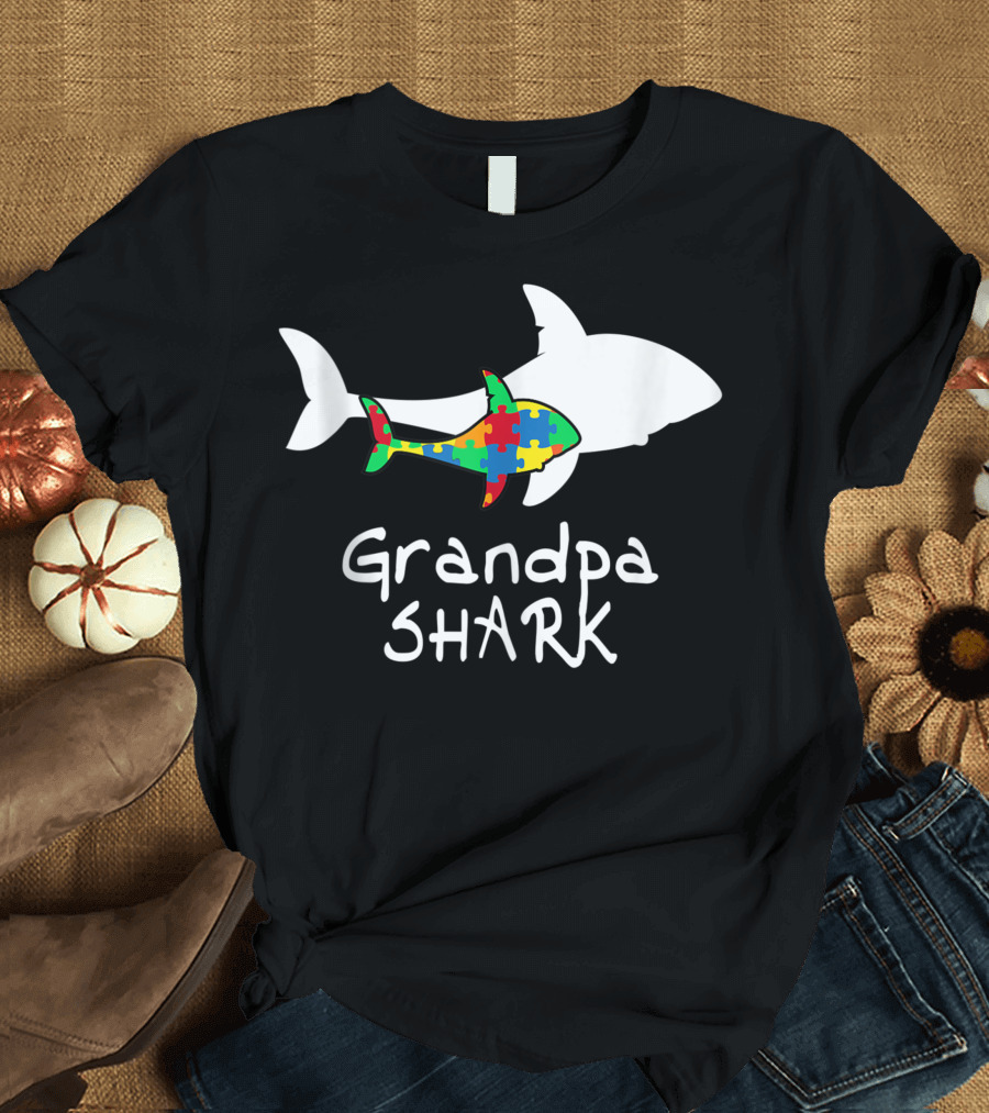 Grandpa Shark Autism Awareness Puzzle Piece T-Shirt