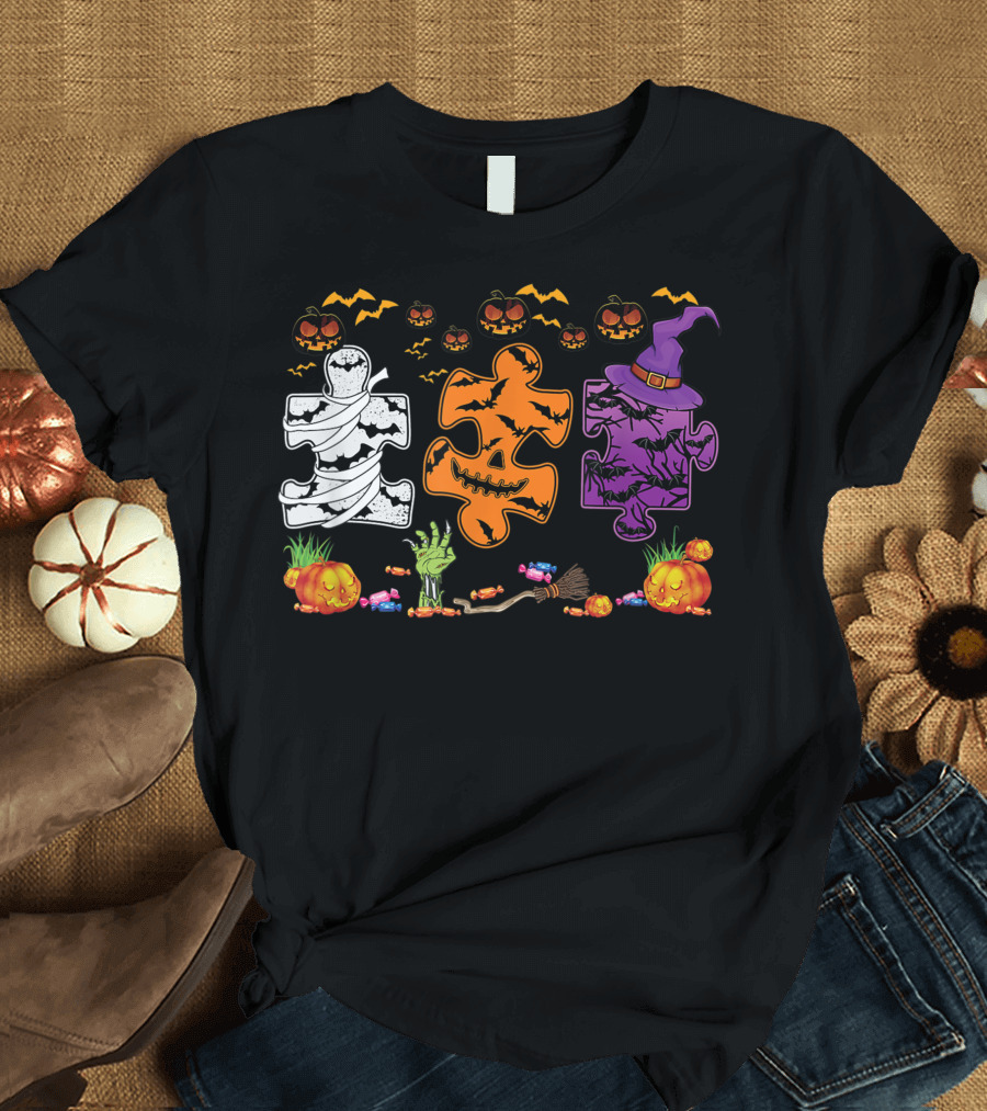 Halloween Witch Autism Pumpkin Awareness Puzzle Bats Mummy Candies T-Shirt
