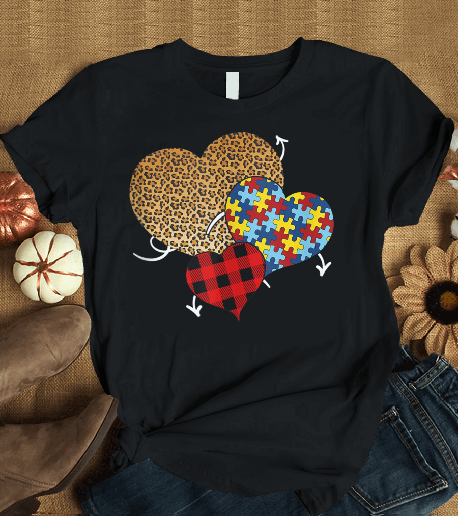 Hearts Valentine’s Day Buffalo Plaid Love Puzzle Autism Leopards T-Shirt