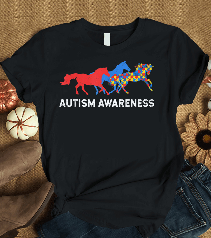 Autism Awareness Month Horses Autistic Puzzle Colorful T-Shirt