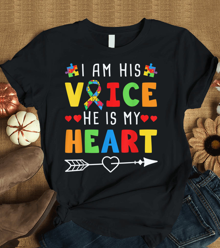I Am His Voice He Is My Heart Autism Awareness Ribbon Puzzle Pieces T-Shirt