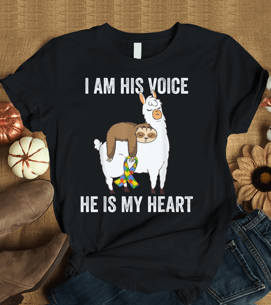 I Am His Voice He Is My Heart Cute Sloth Llama Autism Puzzle T-Shirt