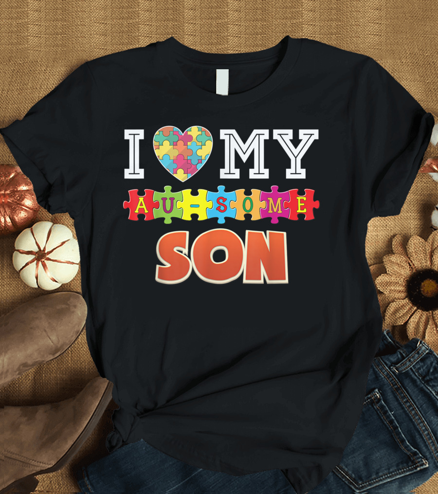 I Love My Au Some Son Autism Awareness Rainbow Puzzle T-Shirt