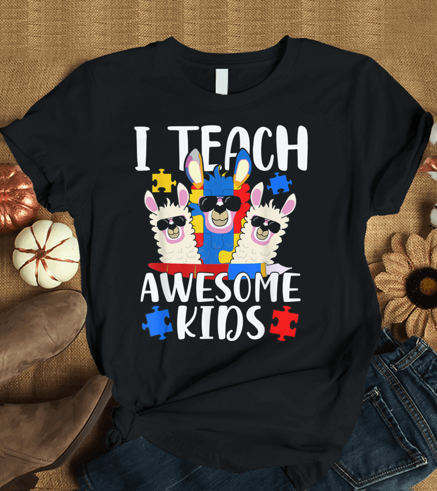 I Teach Awesome Kids Llama Autism Awareness Puzzle Theme Sped Teacher T-Shirt
