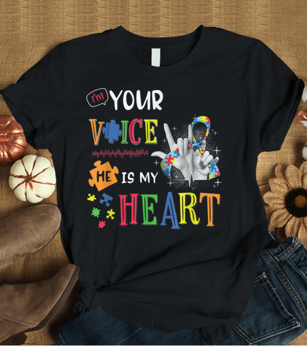 T-Shirt: I'm Your Voice He Is My Heart Puzzle Pieces Sign Language T-Shirt I'm Your Voice He Is My Heart Puzzle Pieces Sign Language T-Shirt