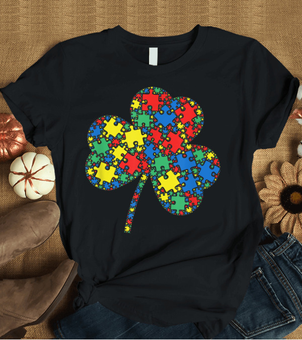 T-Shirt: Irish Shamrock Clover Puzzle Autism Awareness T-Shirt Irish Shamrock Clover Puzzle Autism Awareness T-Shirt