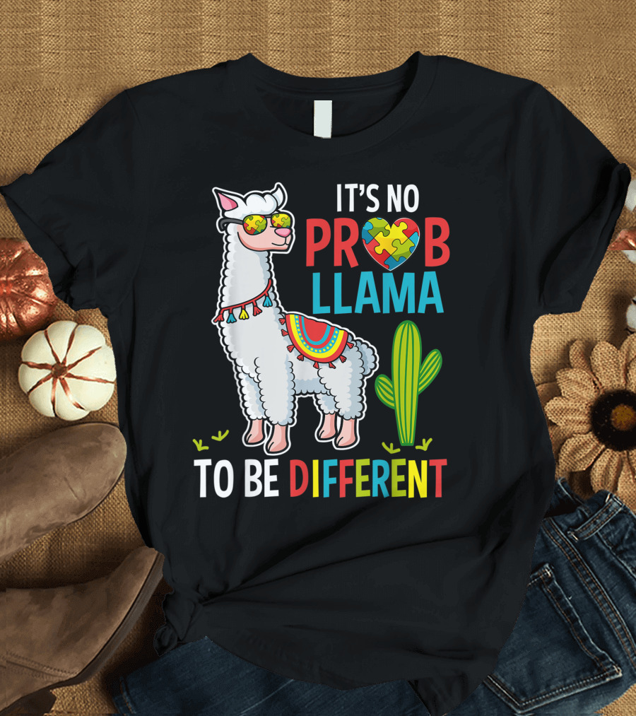 It's No Prob Llama To Be Different Autism Llama Puzzle Heart T-Shirt