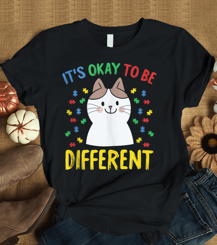 It's Okay to Be Different Autism Awareness Cute Cat Puzzle Pieces T-Shirt