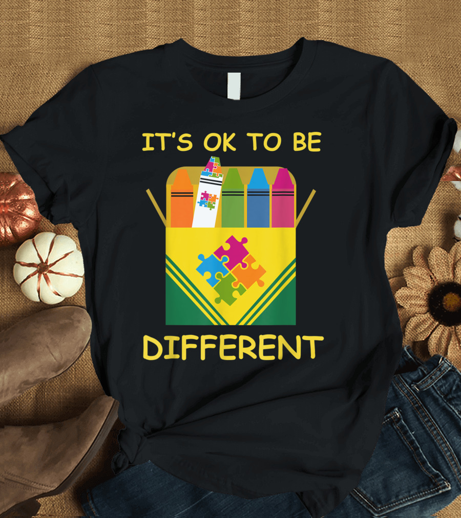 It's Ok To Be Different Autism Awareness Puzzle Crayons Box T-Shirt