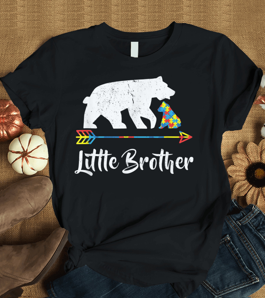 Little Brother Bear Autism Awareness Puzzle Piece Arrow T-Shirt