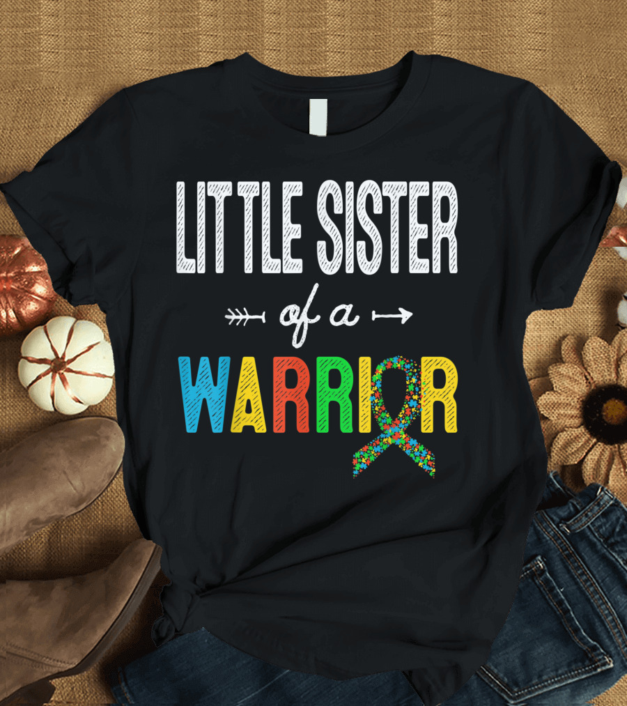 Little Sister of a Warrior Autism Awareness Support Puzzle T-Shirt
