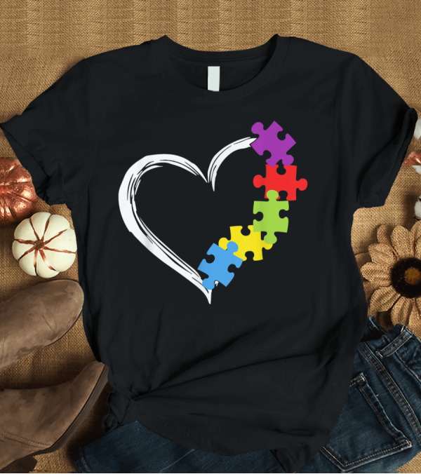 T-Shirt: Love Ribbon Heart with Colorful Puzzle Pieces for Autism Awareness T-Shirt Love Ribbon Heart with Colorful Puzzle Pieces for Autism Awareness T-Shirt
