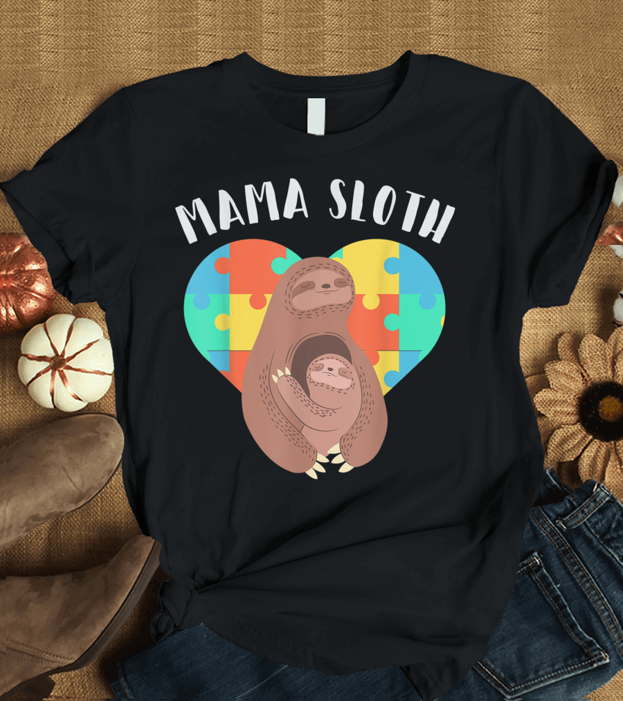 Mama Sloth Autism Puzzle Heart Embrace T-Shirt