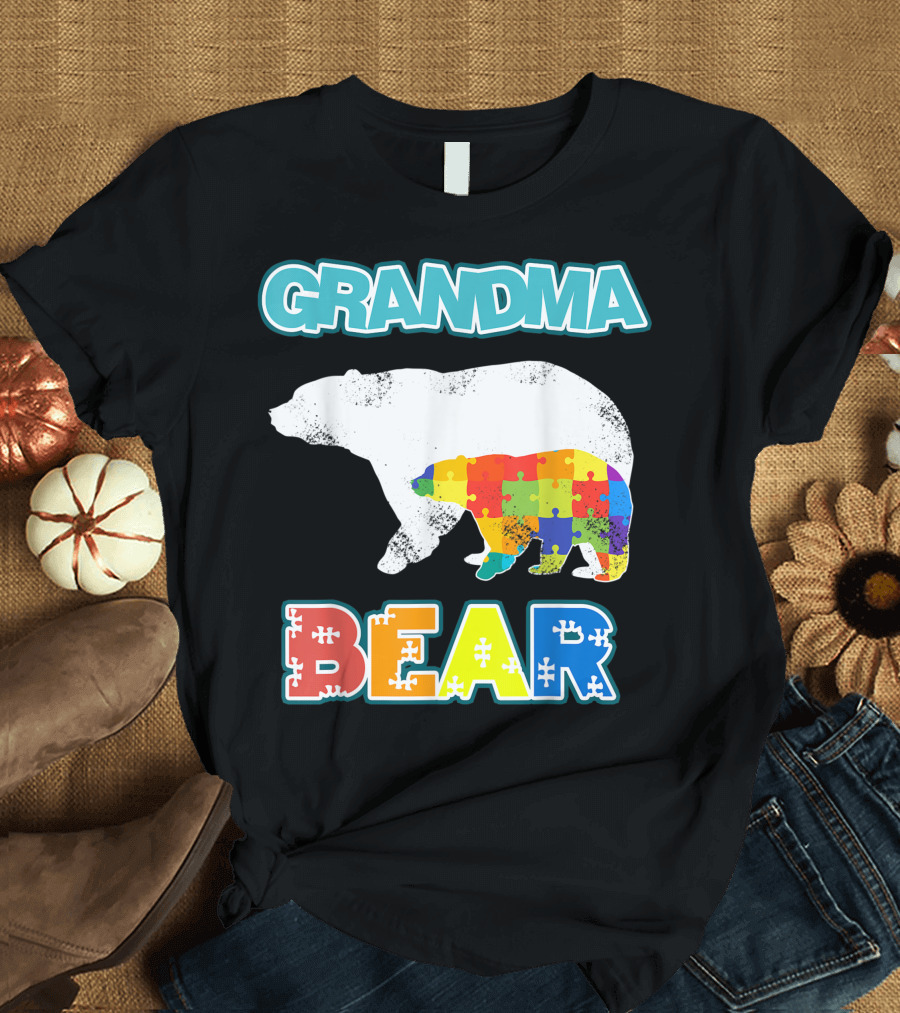 Grandma Bear Autism Awareness Puzzle Bear Mens Autism Grandma T-Shirt