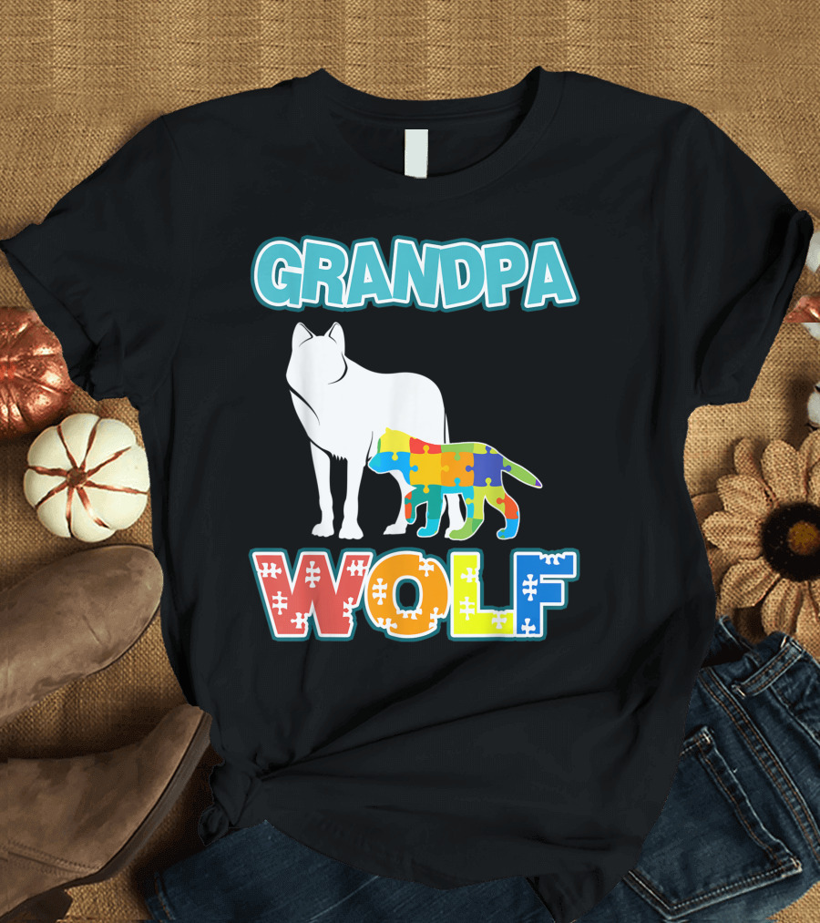Grandpa Wolf Autism Awareness Puzzle T-Shirt
