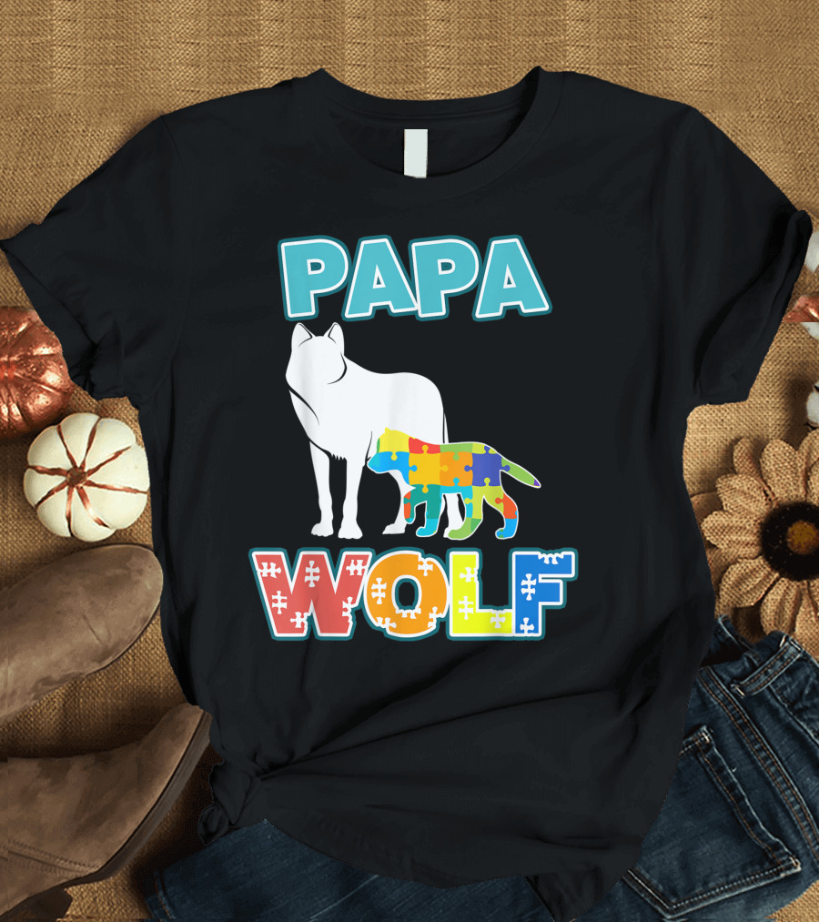 Papa Wolf Autism Awareness Puzzle Dad T-Shirt